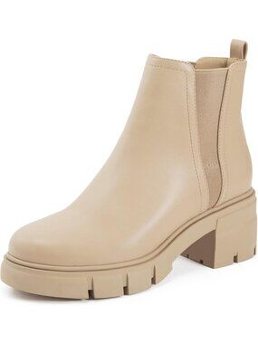 Women's Nude Faux Leather Chelsea Elastic Chunky Block Heel Lug Sole Ankle Boots